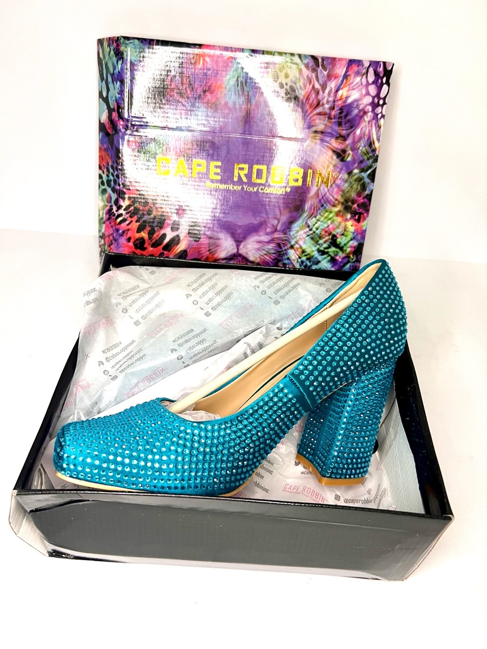 Cape Robbin Turquoise Crystal Block Heel Pumps - Picture 6 of 12